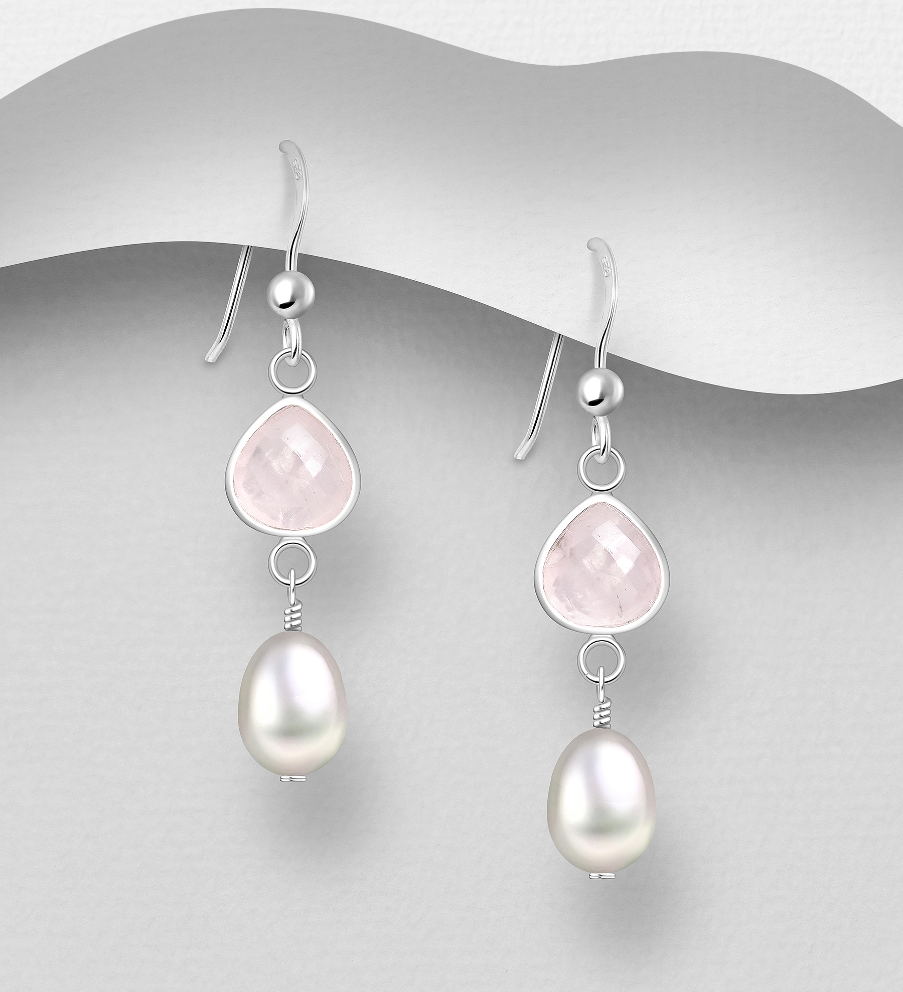 Silverörhängen hängande långa med rosa kvarts & pärla