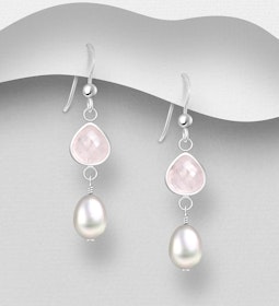 Silverörhängen hängande långa med rosa kvarts & pärla