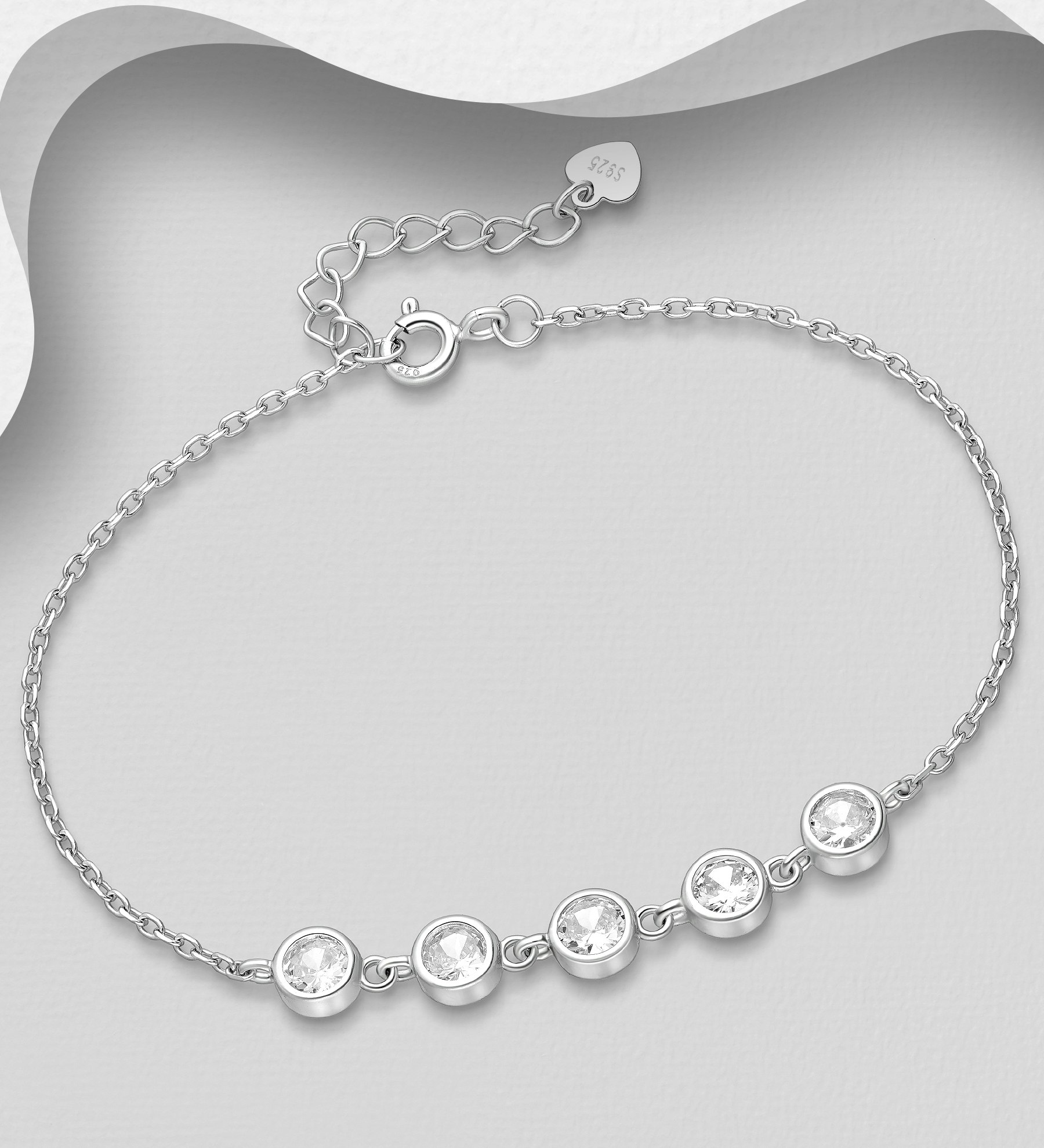 Silverarmband med fem glittrande cubic stenar - armband till tjej/ dam i snygg design & äkta 925 sterling silver