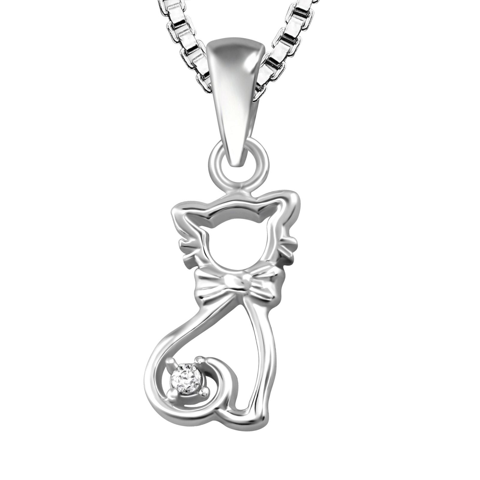 Barnhalsband hänge Katt med rosett - halsband i äkta silver