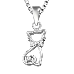 Barnhalsband hänge Katt med rosett - halsband i äkta silver