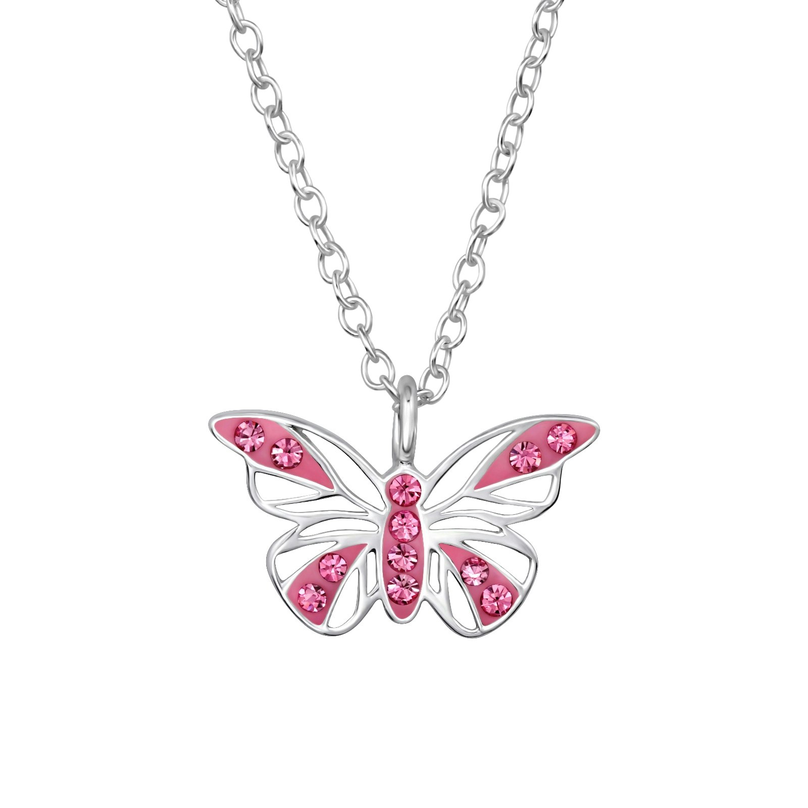 Barnhalsband Fjäril rosa glitter - halsband i äkta silver