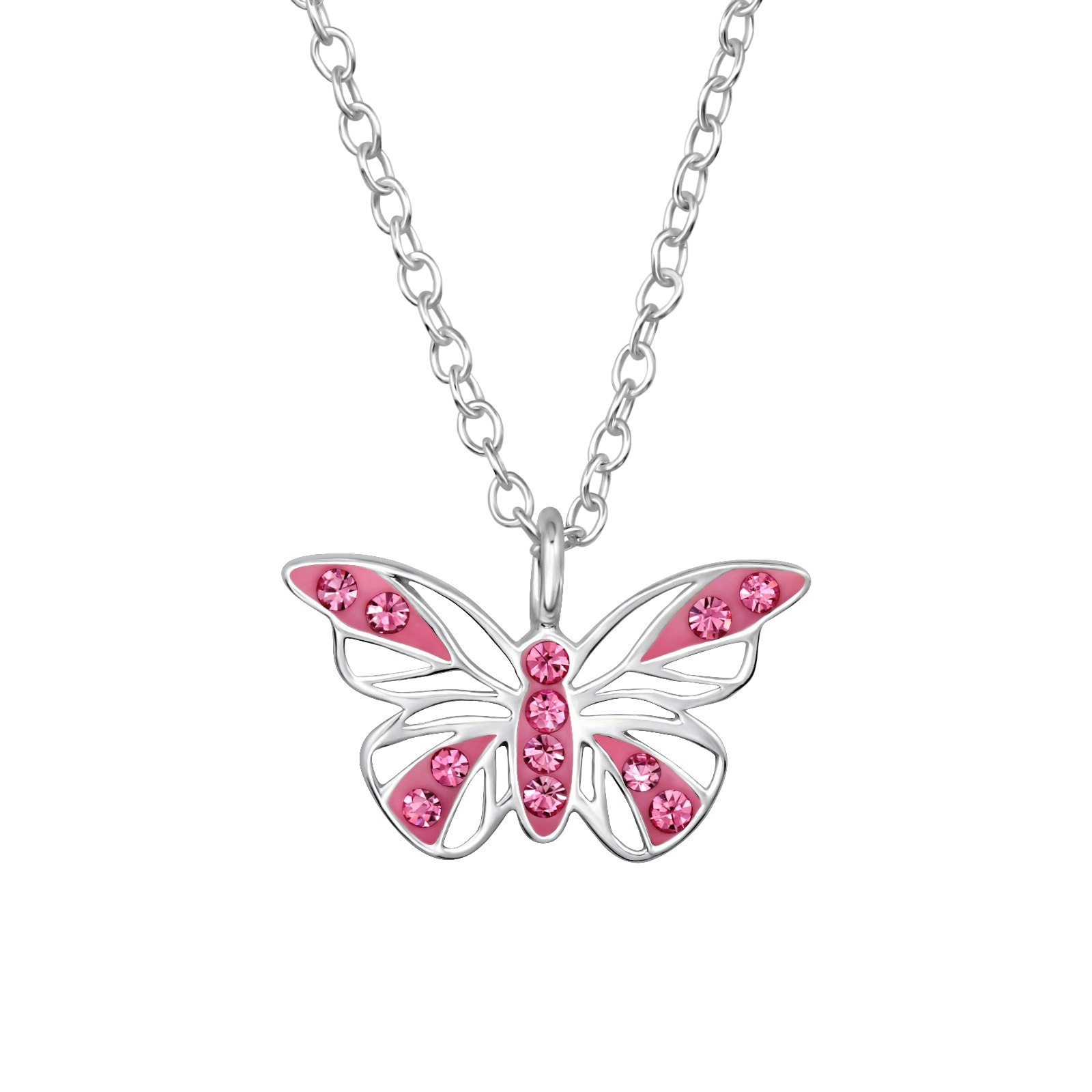 Barnhalsband Fjäril rosa glitter - halsband i äkta silver - barnsmycken från Sweethearts