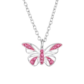 Barnhalsband Fjäril rosa glitter - halsband i äkta silver