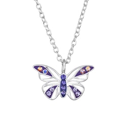 Barnhalsband Fjäril lila glitter - halsband i äkta silver