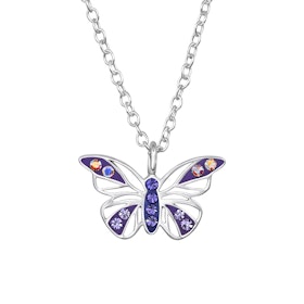 Barnhalsband Fjäril lila glitter - halsband i äkta silver