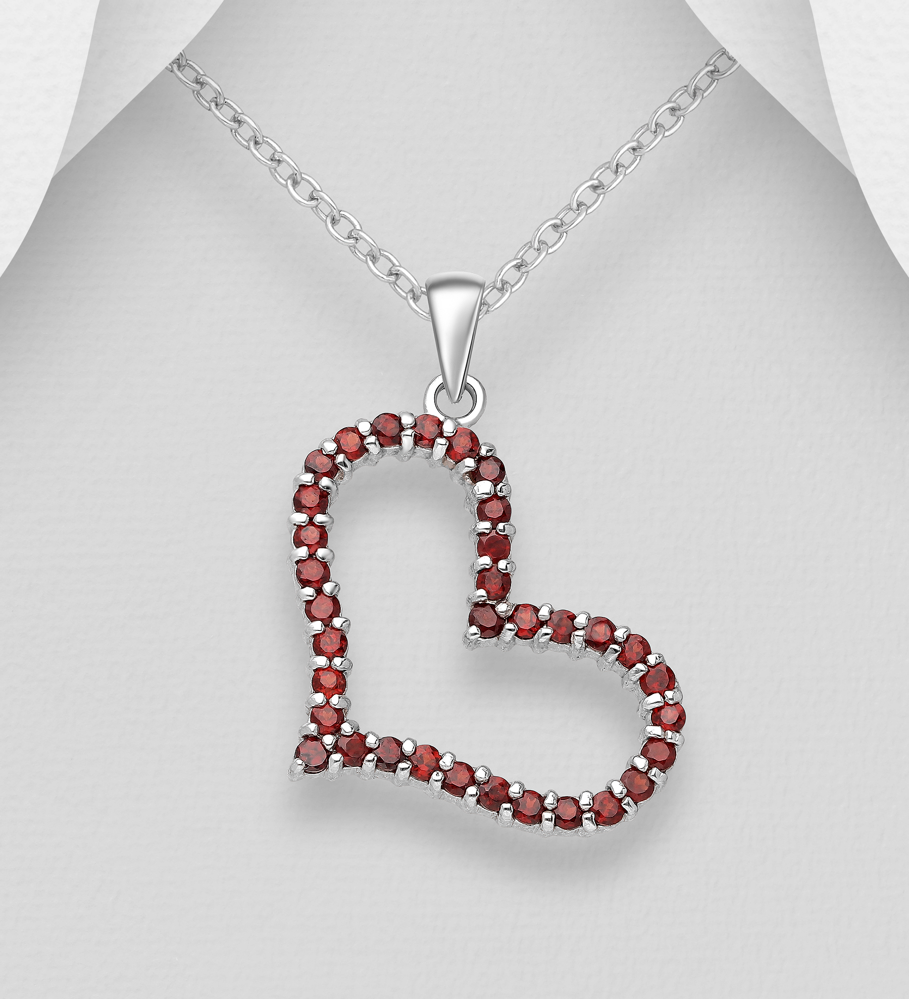 Alla hjärtans dag smycke - Silverhalsband rött Hjärta med ädelstenar av granat