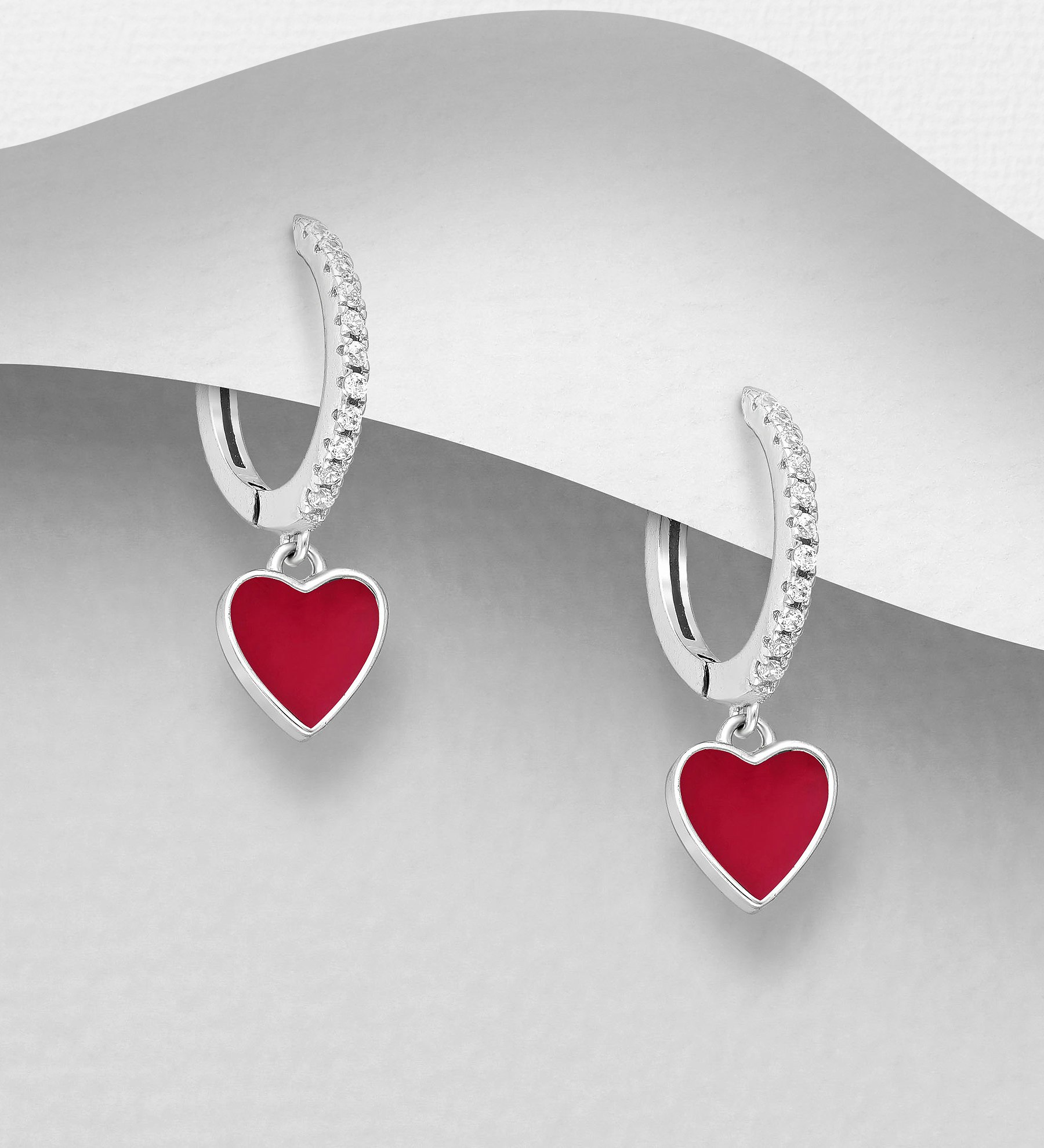 Silverörhängen glittriga Hoops med cubic stenar och hängande röda Hjärtan - Snygga & fina hjärtörhängen,  örhängen, ringar i äkta sterling silver
