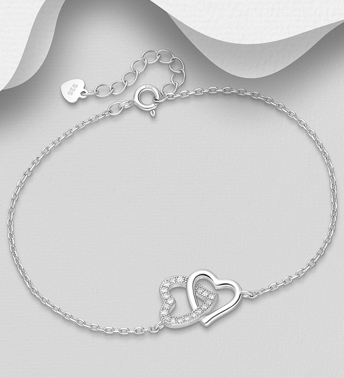 Silverarmband tunt med dubbla söta Hjärtan - armband till tjej/ dam i snygg design & äkta 925 sterling silver