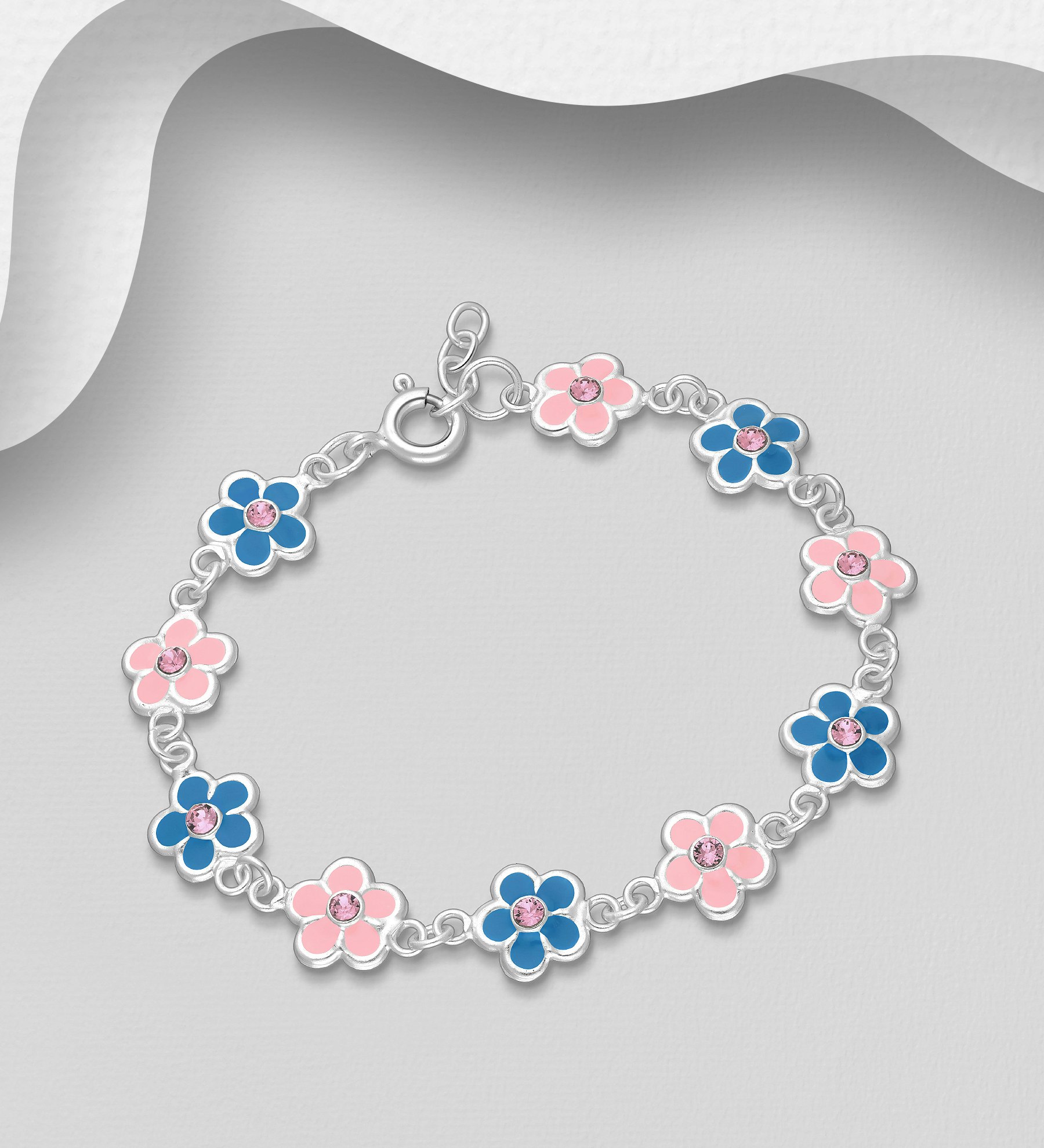 Armband till barn Rosa & Blå Blommor - barnarmband i silver