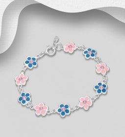 Armband till barn Rosa & Blå Blommor - barnarmband i silver