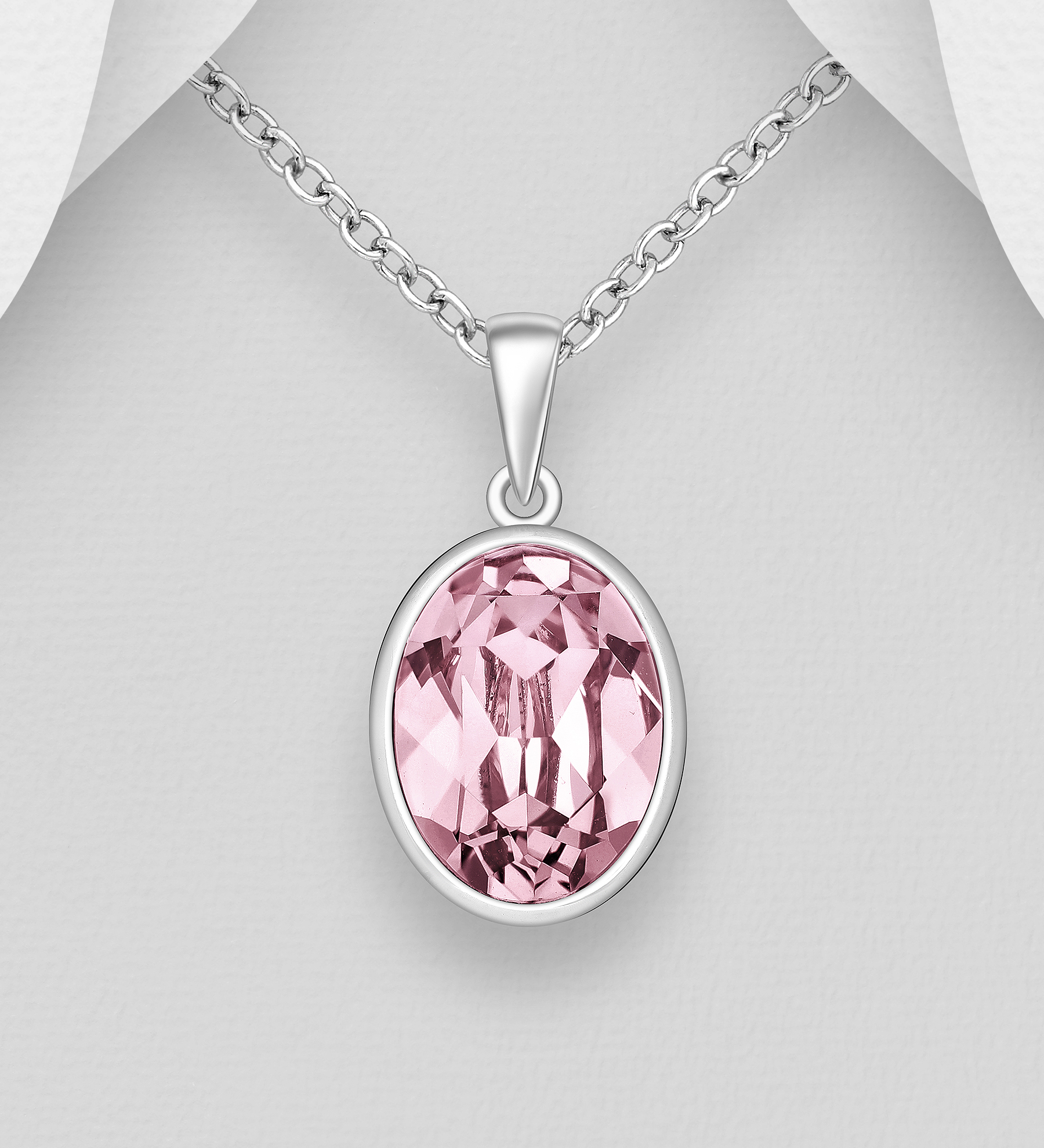 Silverhalsband vacker Oval rosa kristall - äkta sterling silver
