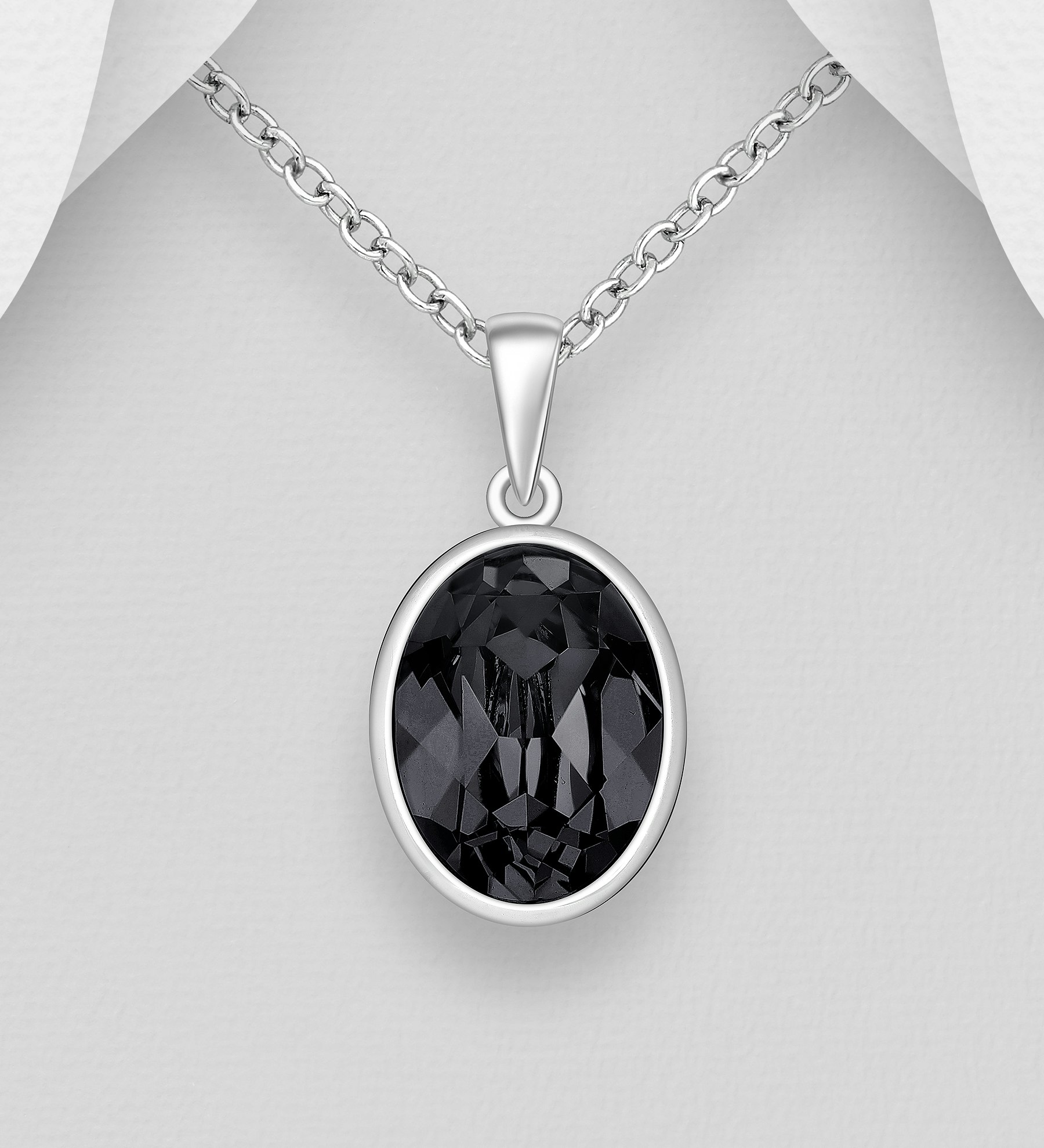 Silverhalsband vacker Oval svart kristall - äkta sterling silver