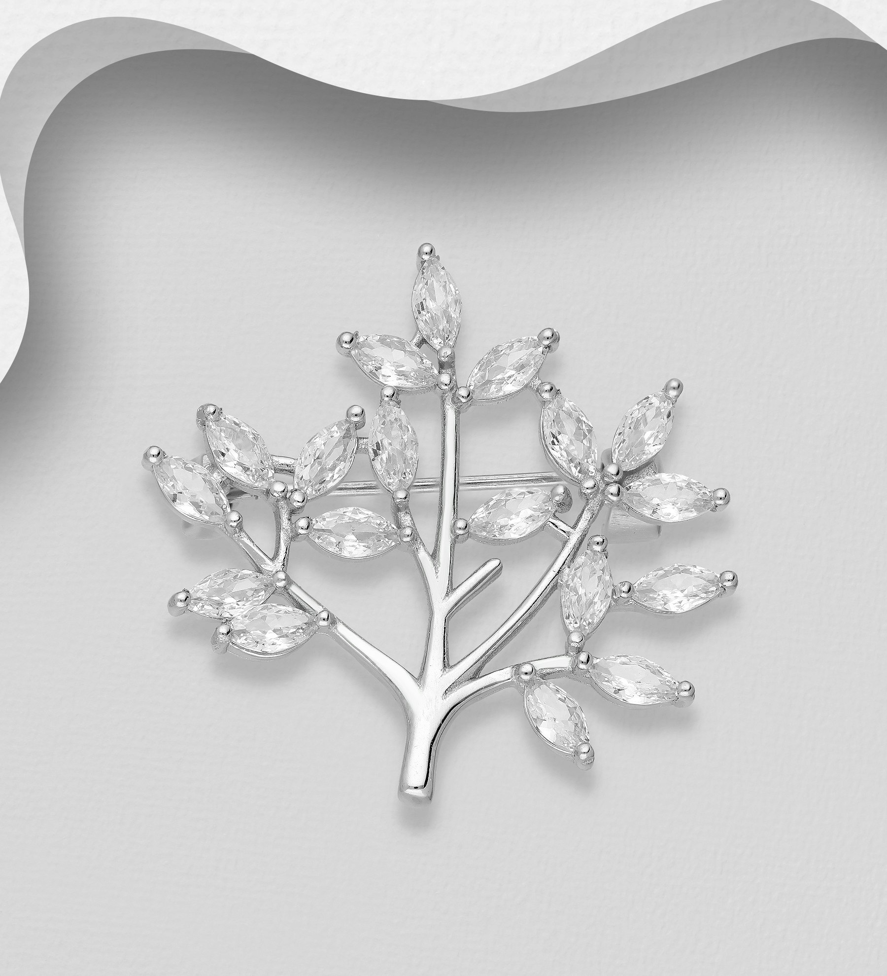 Silverbrosch Livets Träd med Cubic Zirkonia stenar - brosch i äkta 925 silver