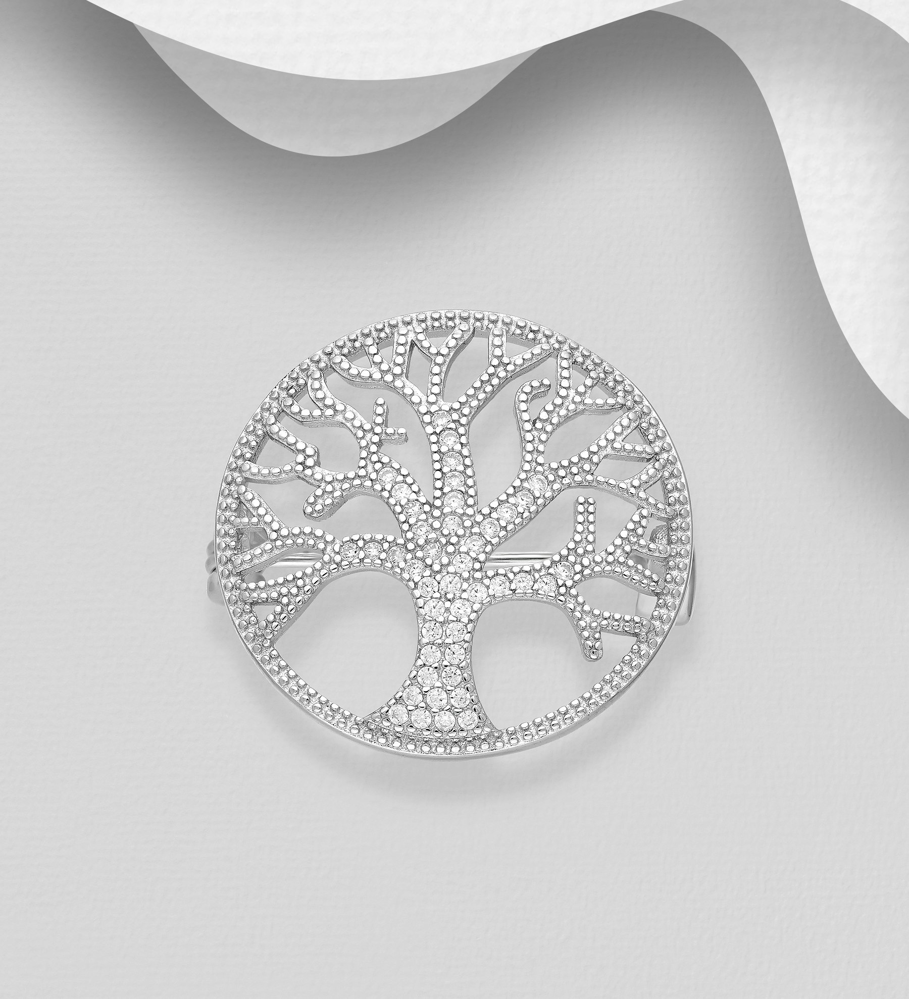 Silverbrosch rund design Livets Träd med  Cubic Zirkonia - vacker brosch i äkta silver