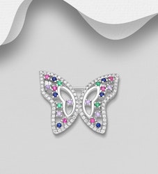 Silverbrosch söt Fjäril med färgade Cubic Zirkonia stenar