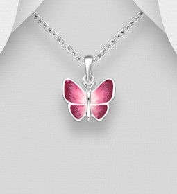 Doppresent flicka - Barnhalsband rosa Fjäril i äkta silver