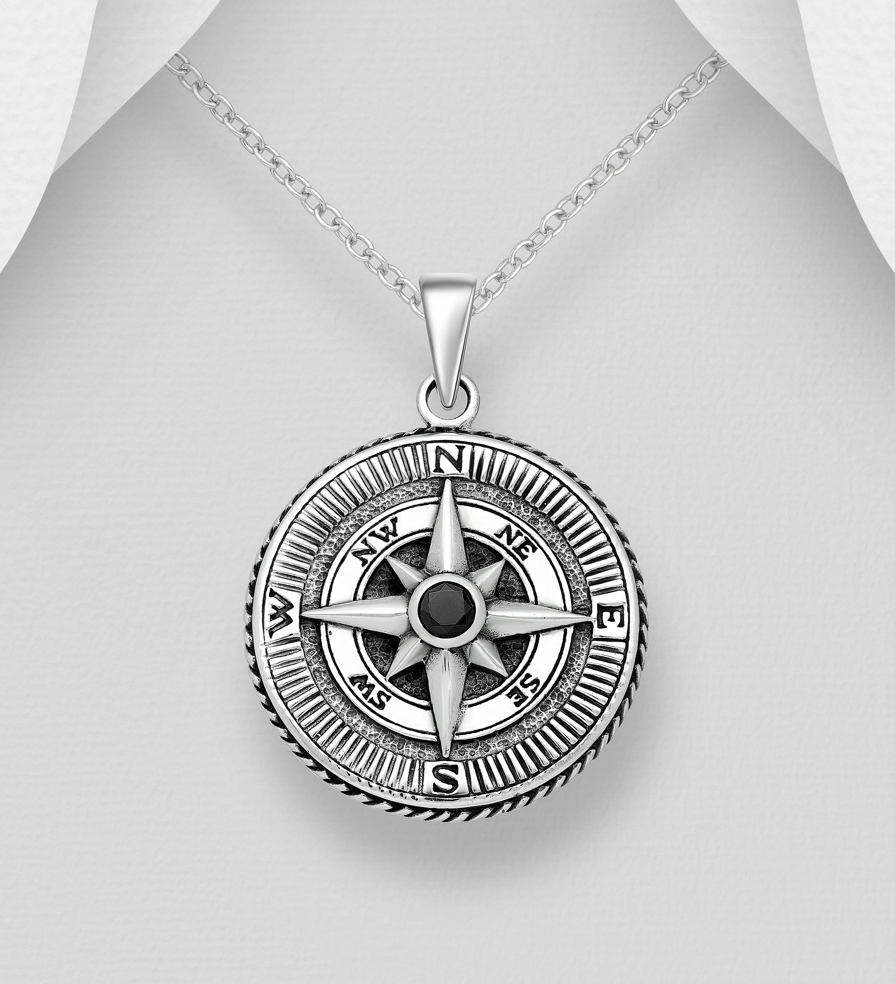 Silverhalsband kille/ herr - Halsband Kompass med svart sten - Smycke i 925 silver