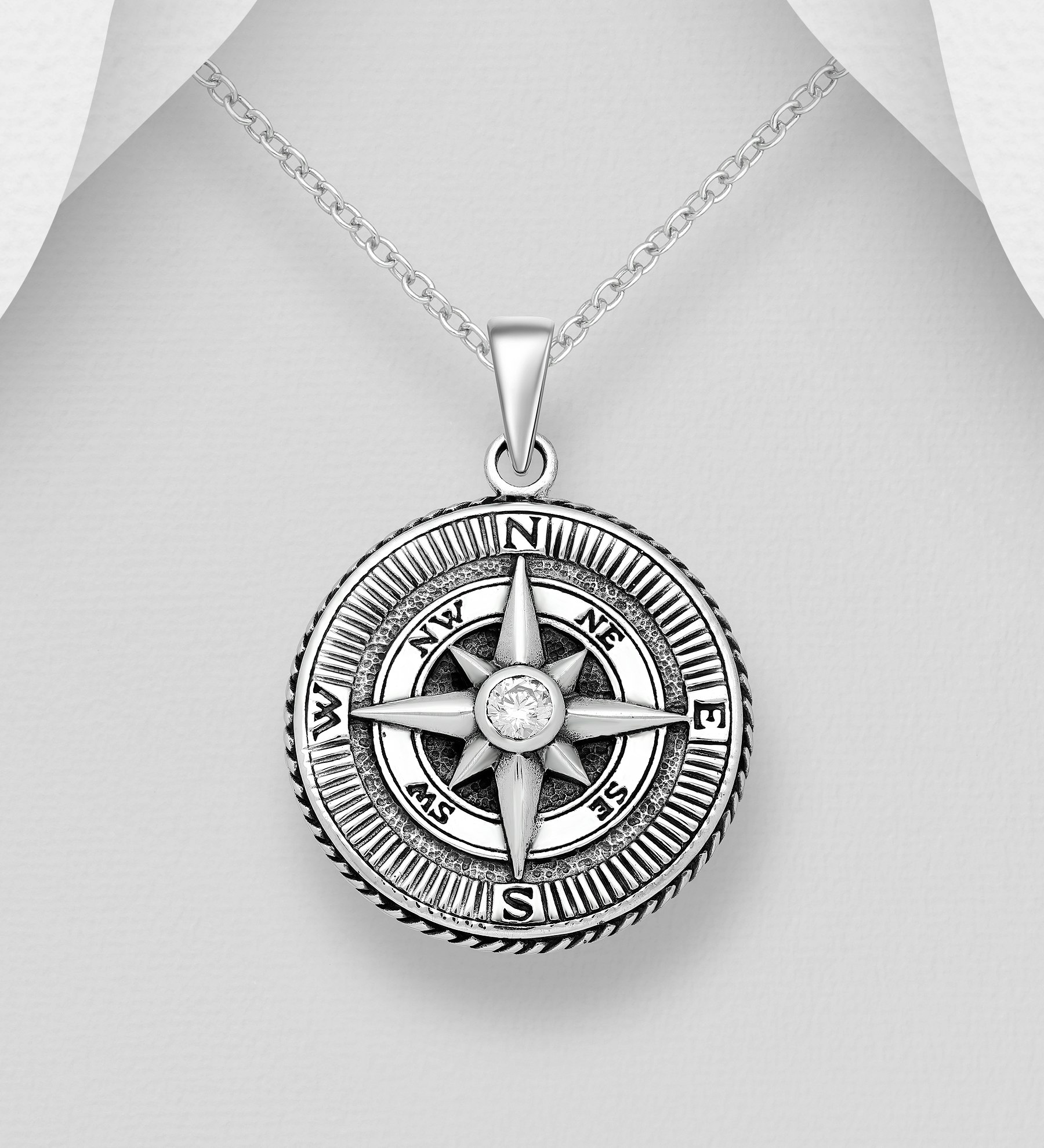 Silverhalsband kille/ herr - Halsband Kompass med vit sten - Smycke i 925 silver