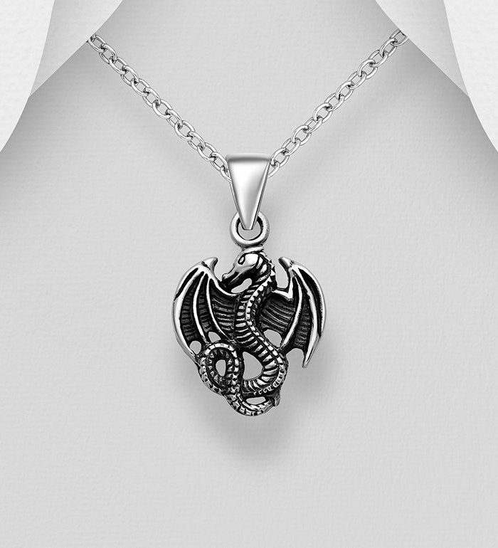Silverhalsband kille/ herr - Halsband Drake i oxiderat silver med kedja - Smycke i 925 silver