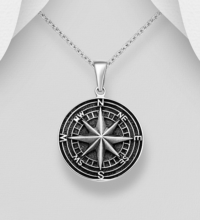 Silverhalsband kille/ herr - Halsband Kompass i oxiderat silver - Smycke i 925 silver