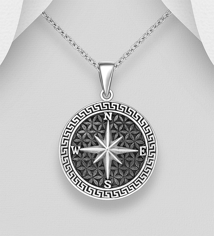 Silverhalsband kille/ herr - Halsband Medaljong med Kompass - Smycke i 925 silver