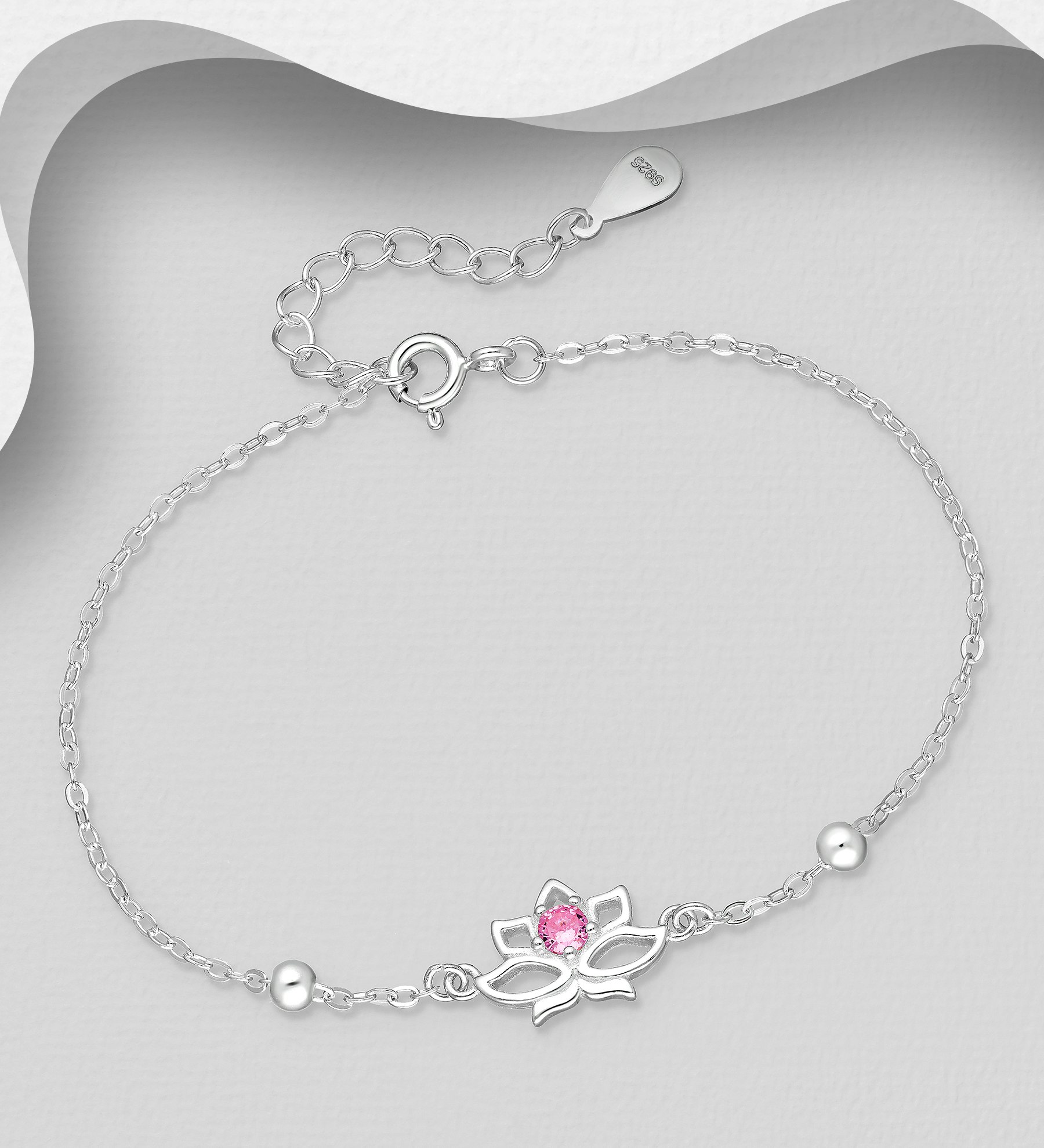 Silverarmband Lotusblomma med rosa Cubic Zirkonia sten - armband till tjej/ dam i snygg design & äkta 925 sterling silver