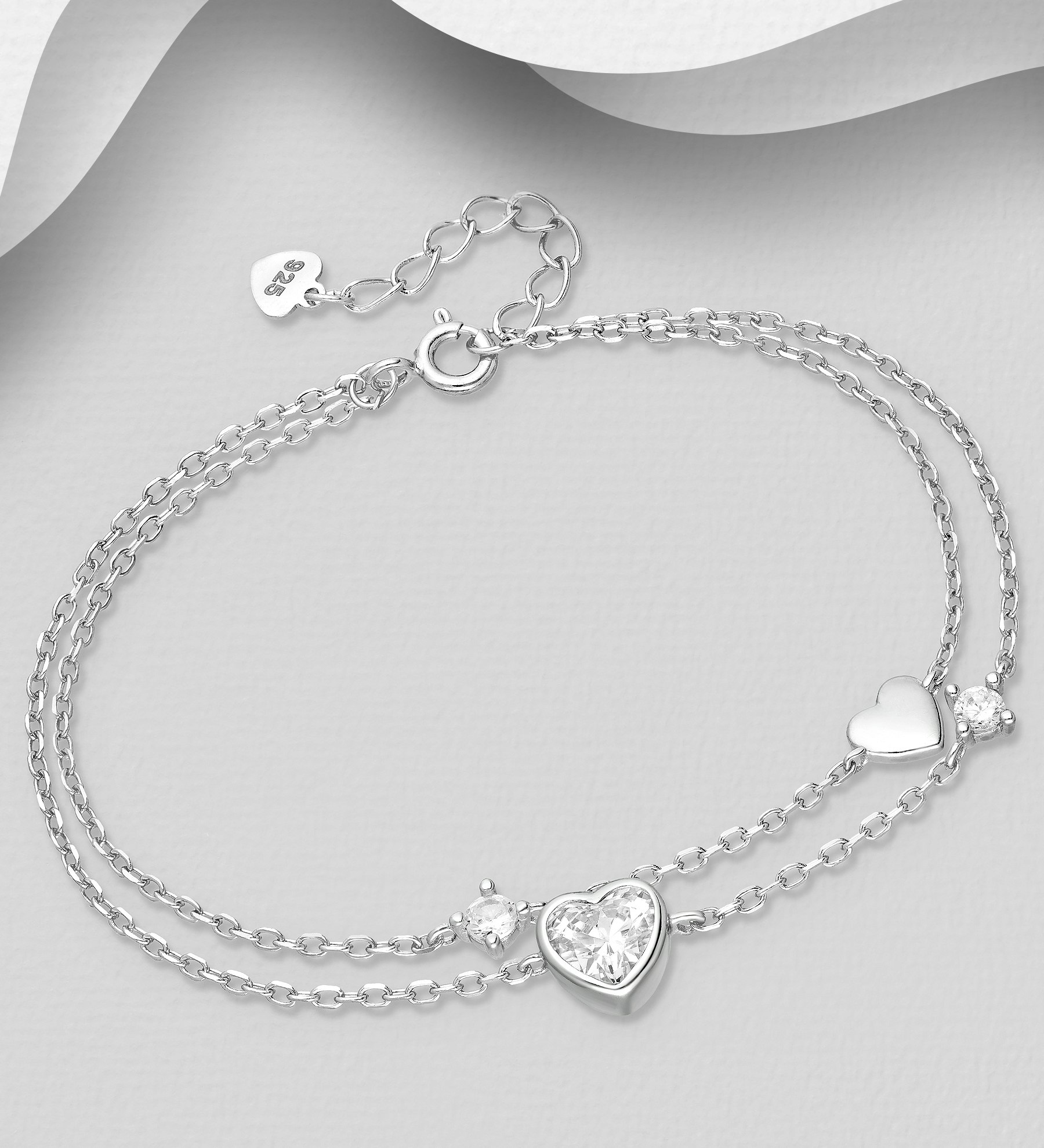 Silverarmband dubbelradigt med hjärtan och stenar - armband till tjej/ dam i snygg design & äkta 925 sterling silver