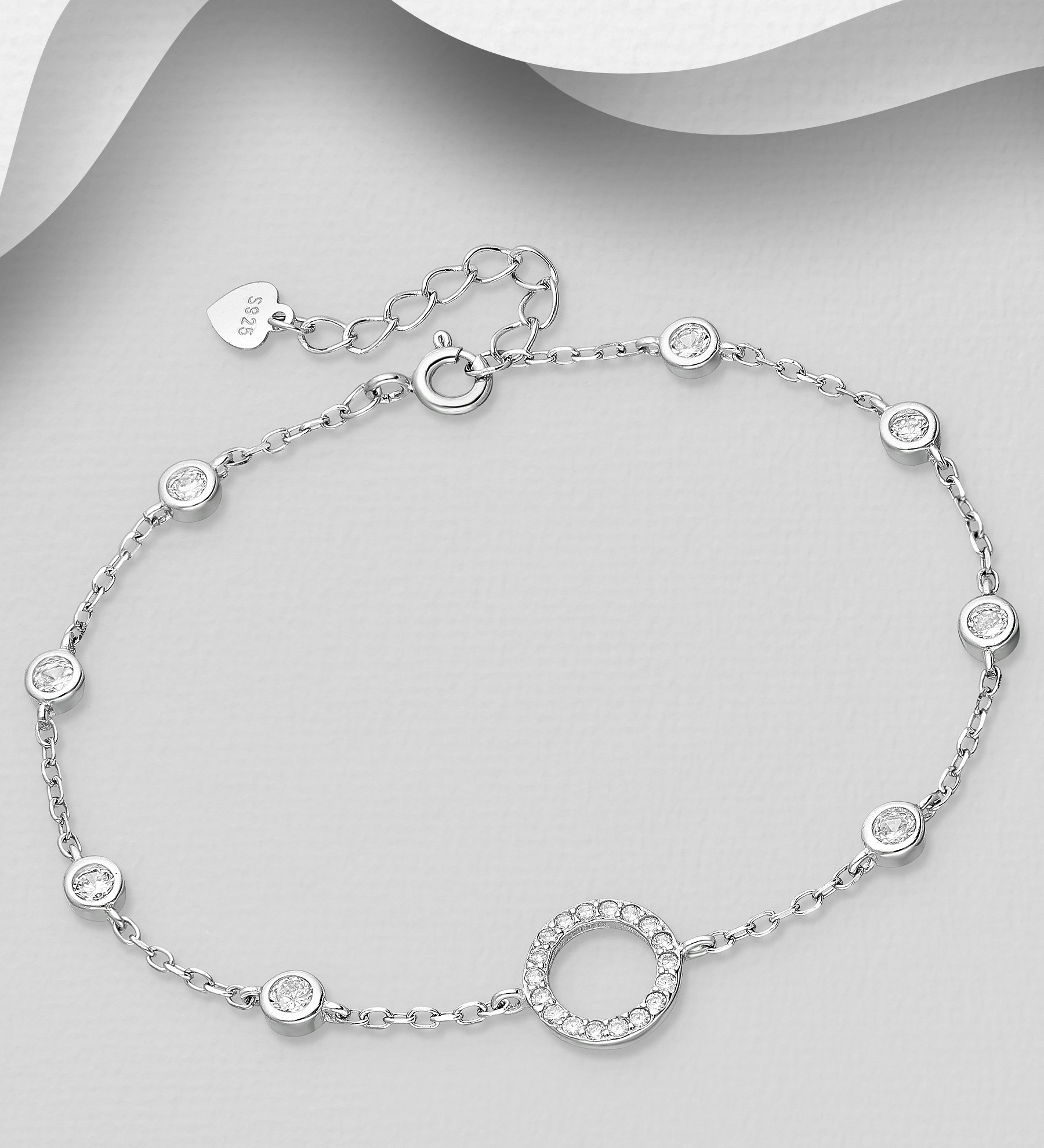 Silverarmband tunt med glittrande Ring & stenar - armband till tjej/ dam i snygg design & äkta 925 sterling silver