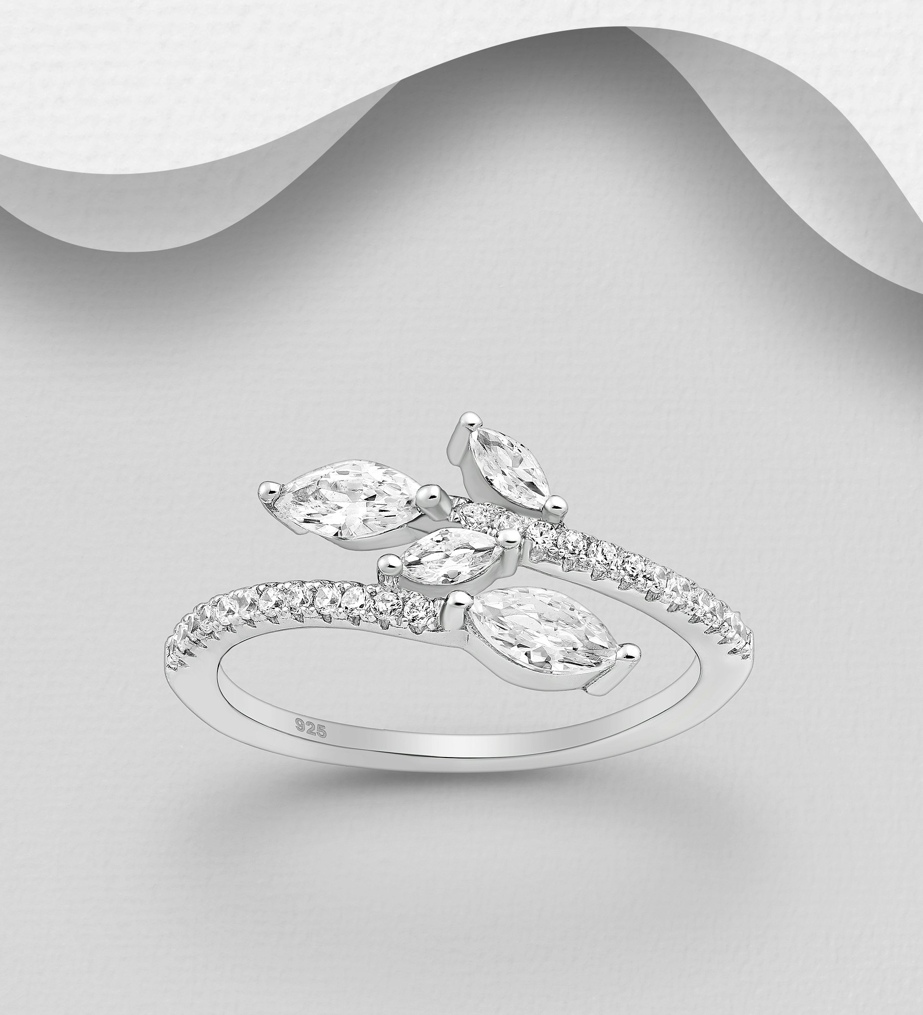 Silverring med snygga löv av cubic zirkonia stenar i omlott design - fina ringar till tjej/ dam i äkta 925 sterling silver