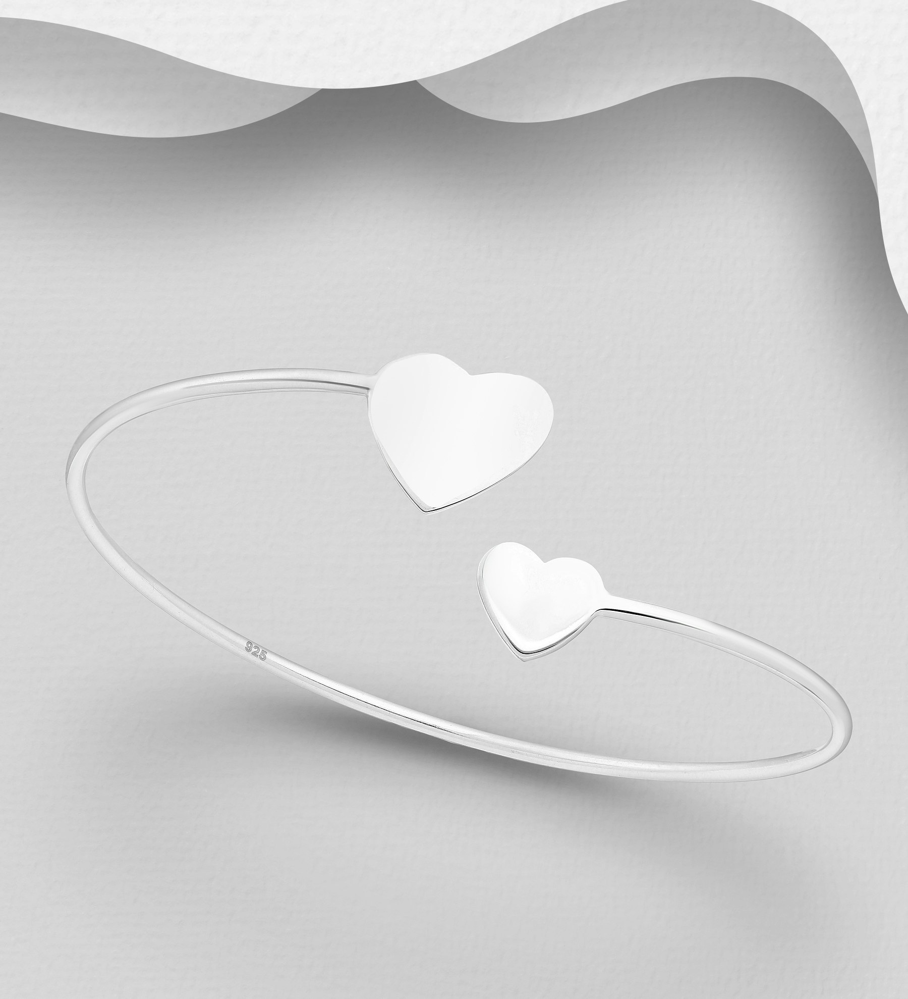 Armring i silver med hjärtan - stelt cuff armband - hårt silverarmband till tjej/ dam i snygg design & äkta 925 sterling silver