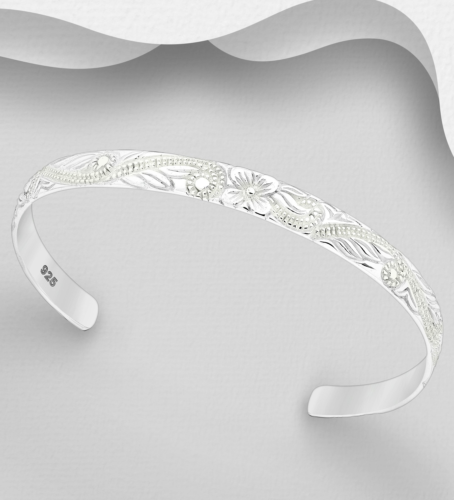 Silverarmband silver i cuff design med blommönster - stelt & hårt armband till tjej/ dam i snygg design & äkta 925 sterling silver