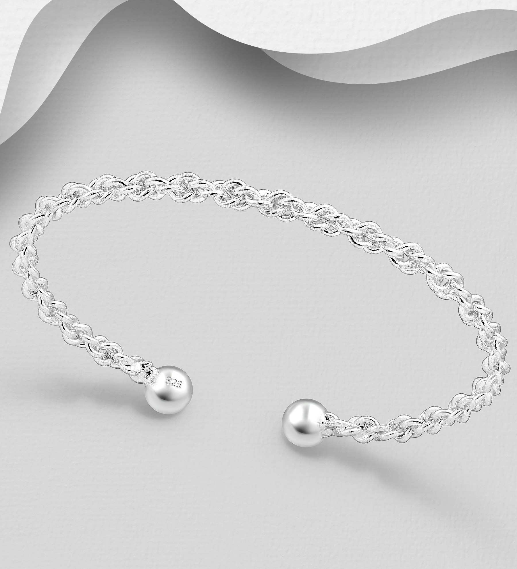 Flätat silverarmband i cuff design - stelt & hårt armband till tjej/ dam i snygg design & äkta 925 sterling silver