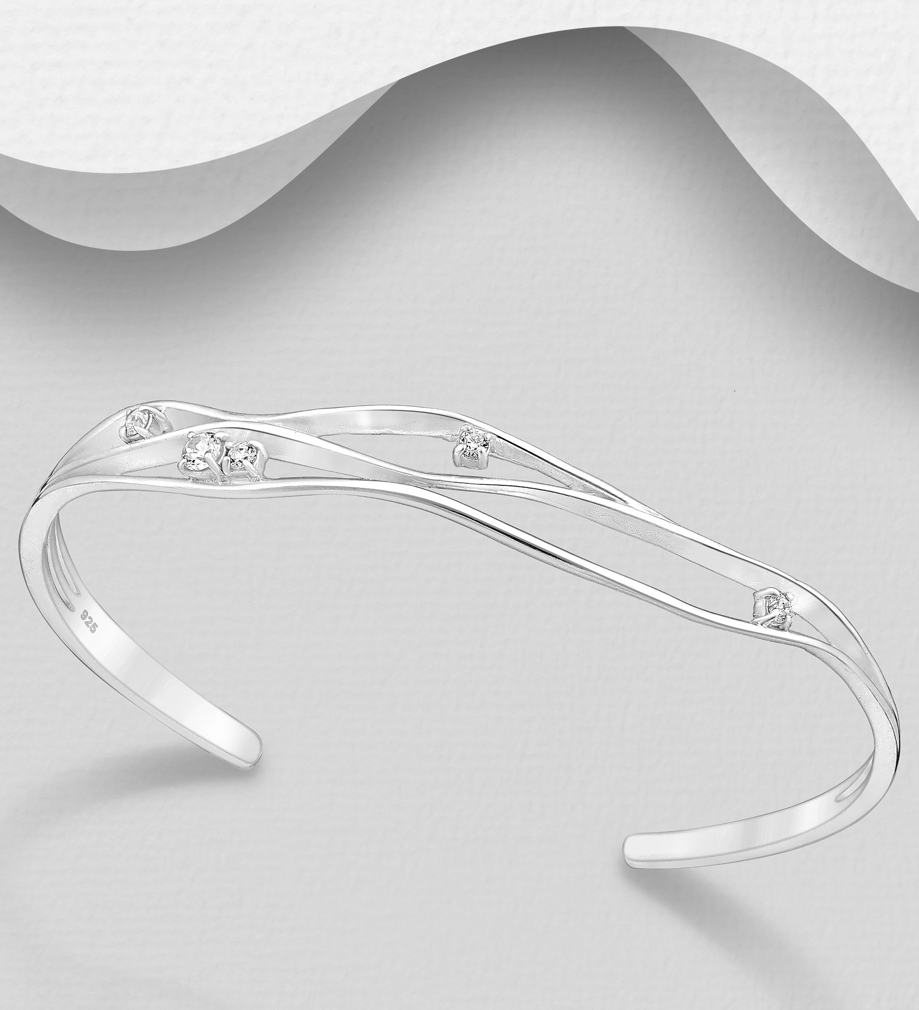Stelt silverarmband i silver med cubic zirkonia stenar - hårt cuff armband till tjej/ dam i snygg design & äkta 925 sterling silver