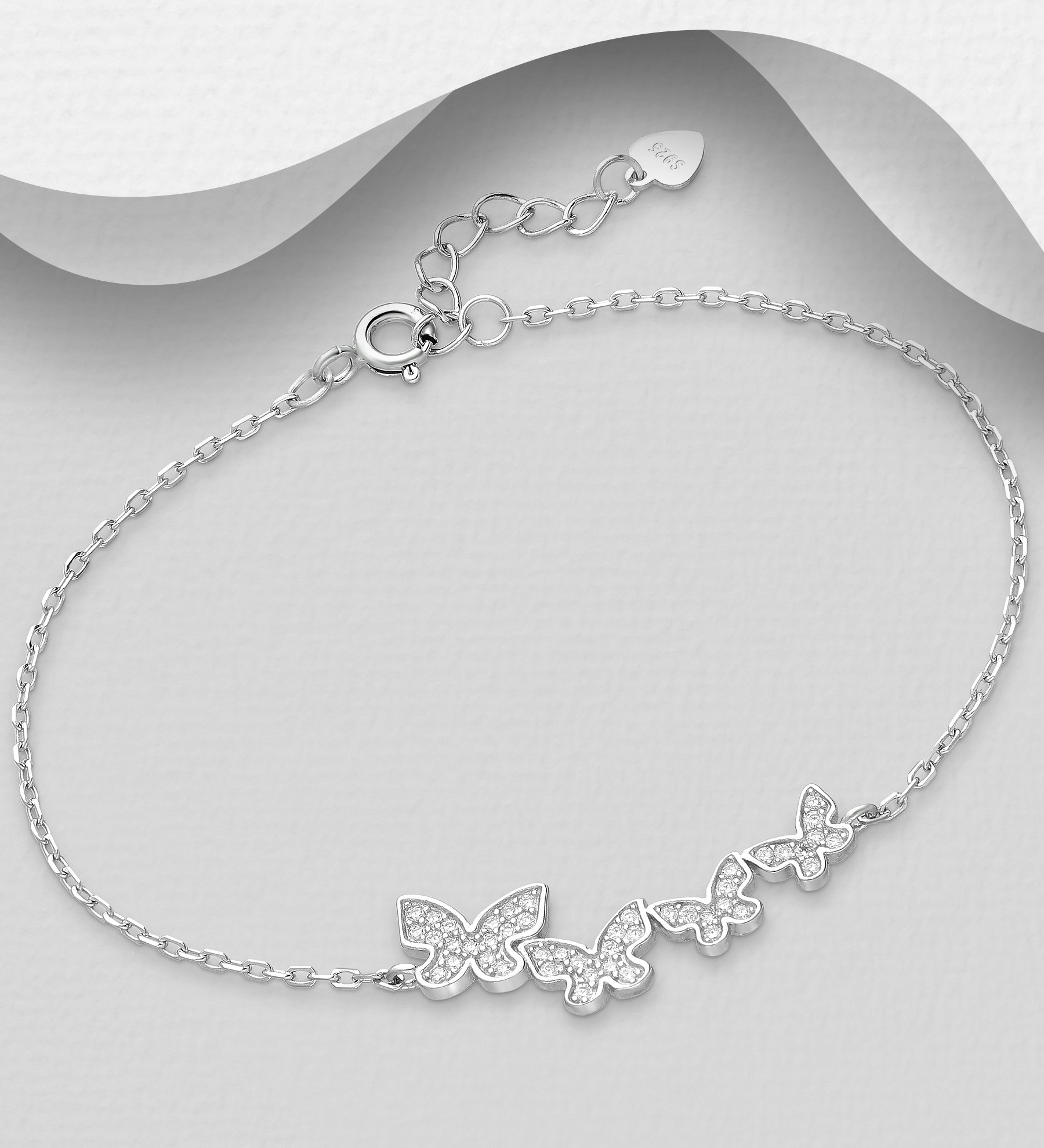 Silverarmband tunt i 925 sterling silver med Fjärilar av cubic zirkonia stenar