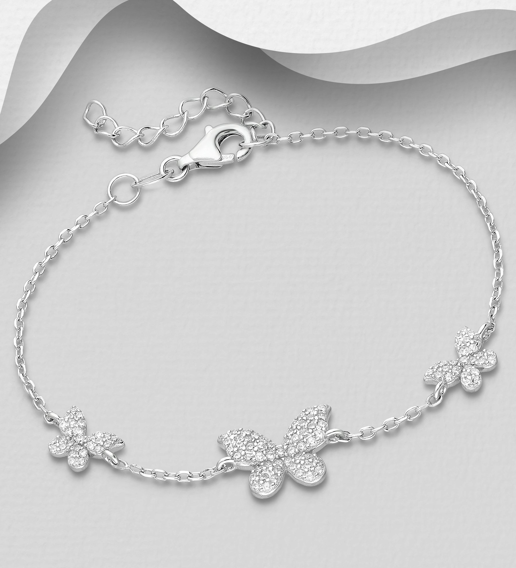 Silverarmband i 925 sterling silver, tunt armband med tre glittrande Fjärilar av cubic sten