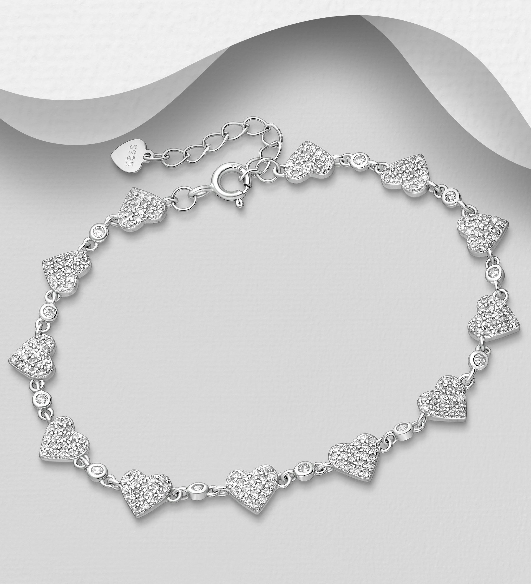 Silverarmband 925 sterling silver sammansatta Hjärtan av cubic zirkonia stenar