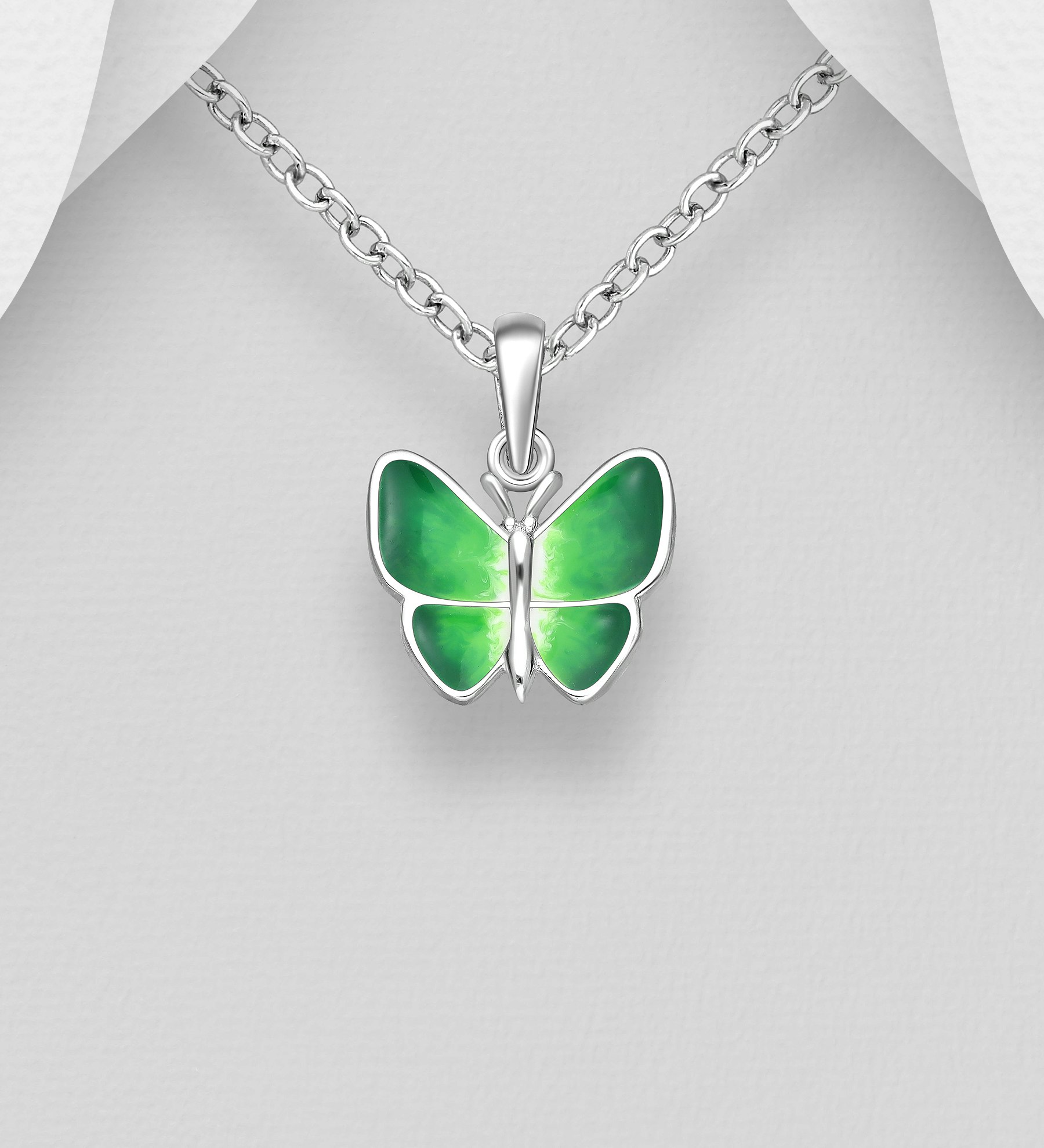 Barnhalsband i silver - söt grön Fjäril i äkta 925 sterling silver