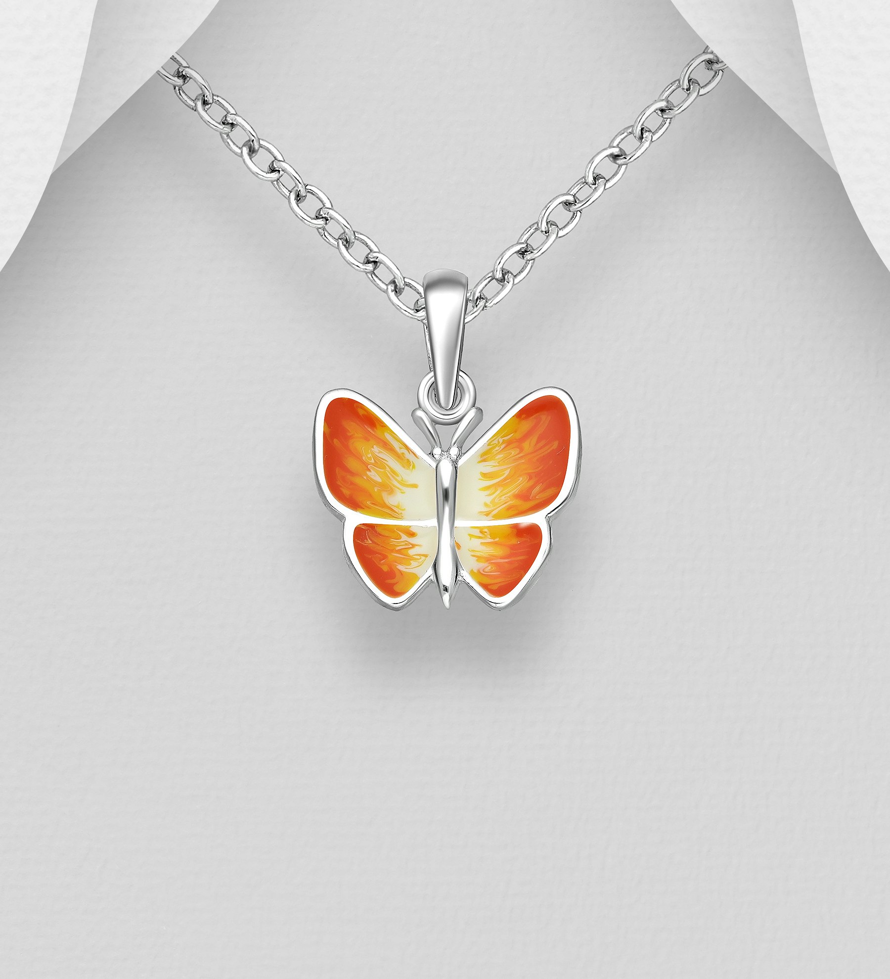 Barnhalsband i silver - söt orange Fjäril i äkta 925 silver