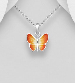 Barnhalsband i silver - söt orange Fjäril i äkta 925 silver