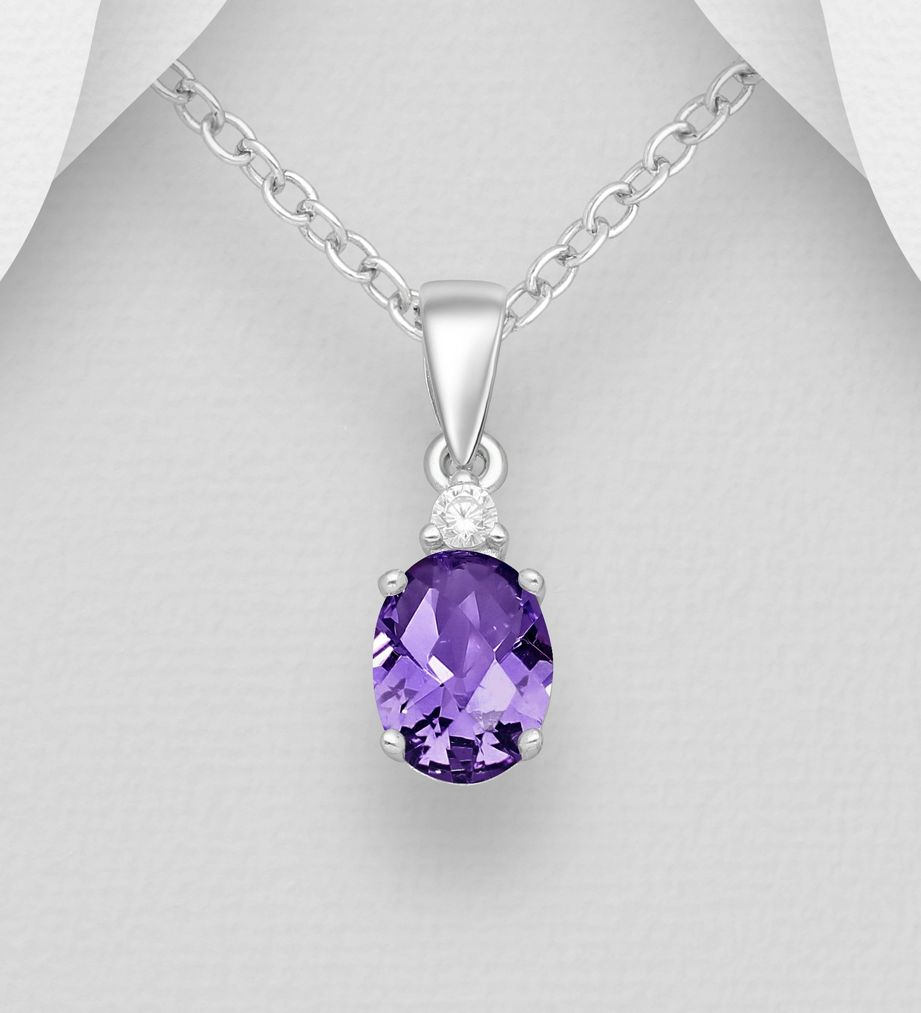 Silverhalsband med Hänge av oval lila cubic zirkonia sten