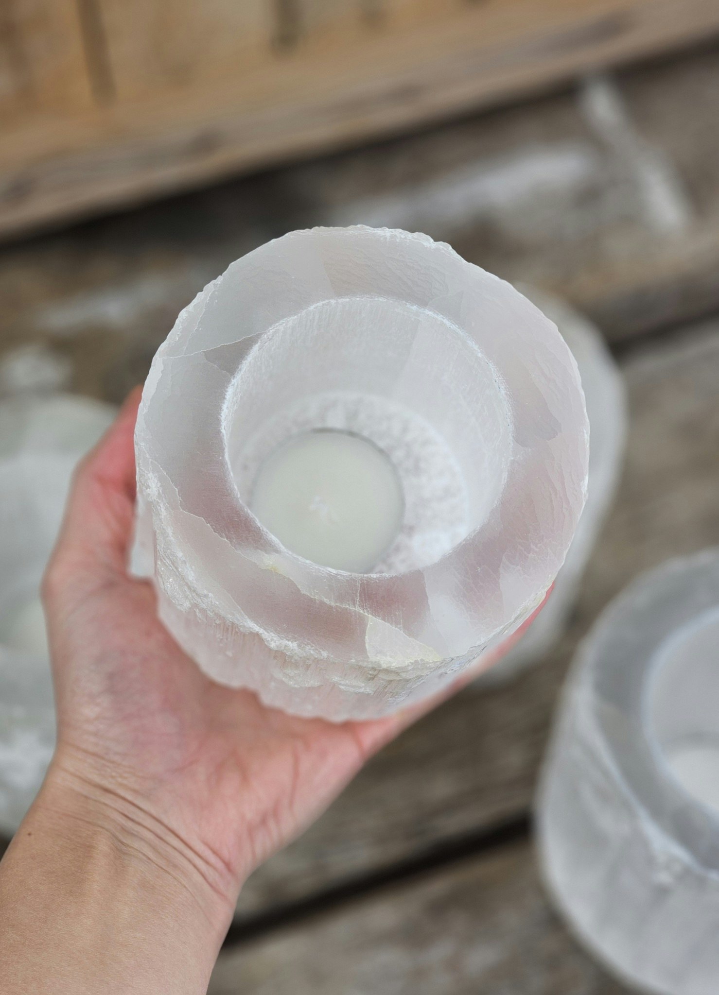 Vit Selenit, stor ljuslykta 10 cm