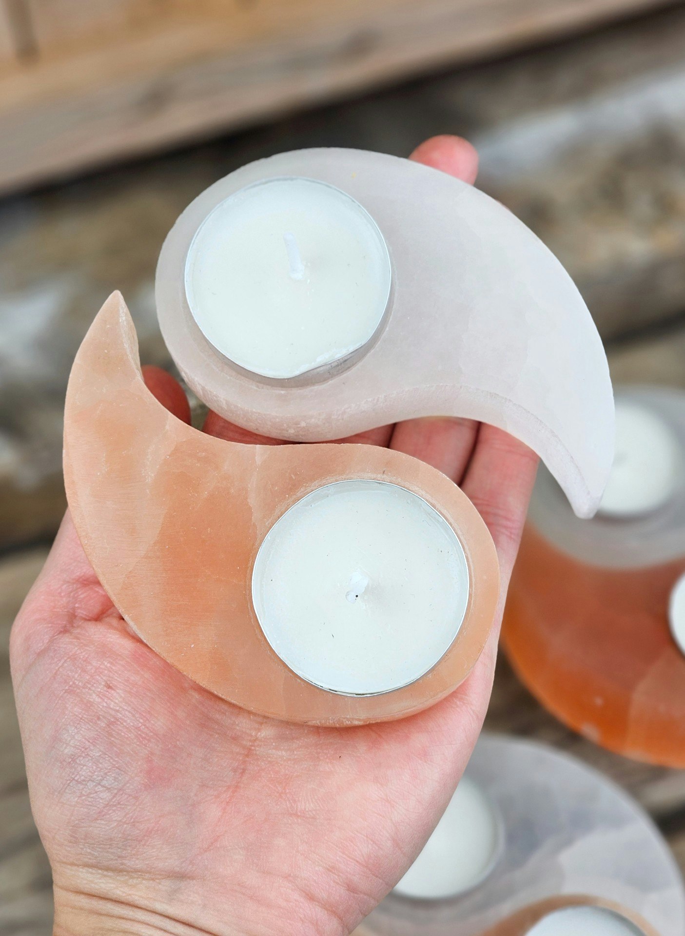 Vit & Orange Selenit, ljuslykta Yin Yang