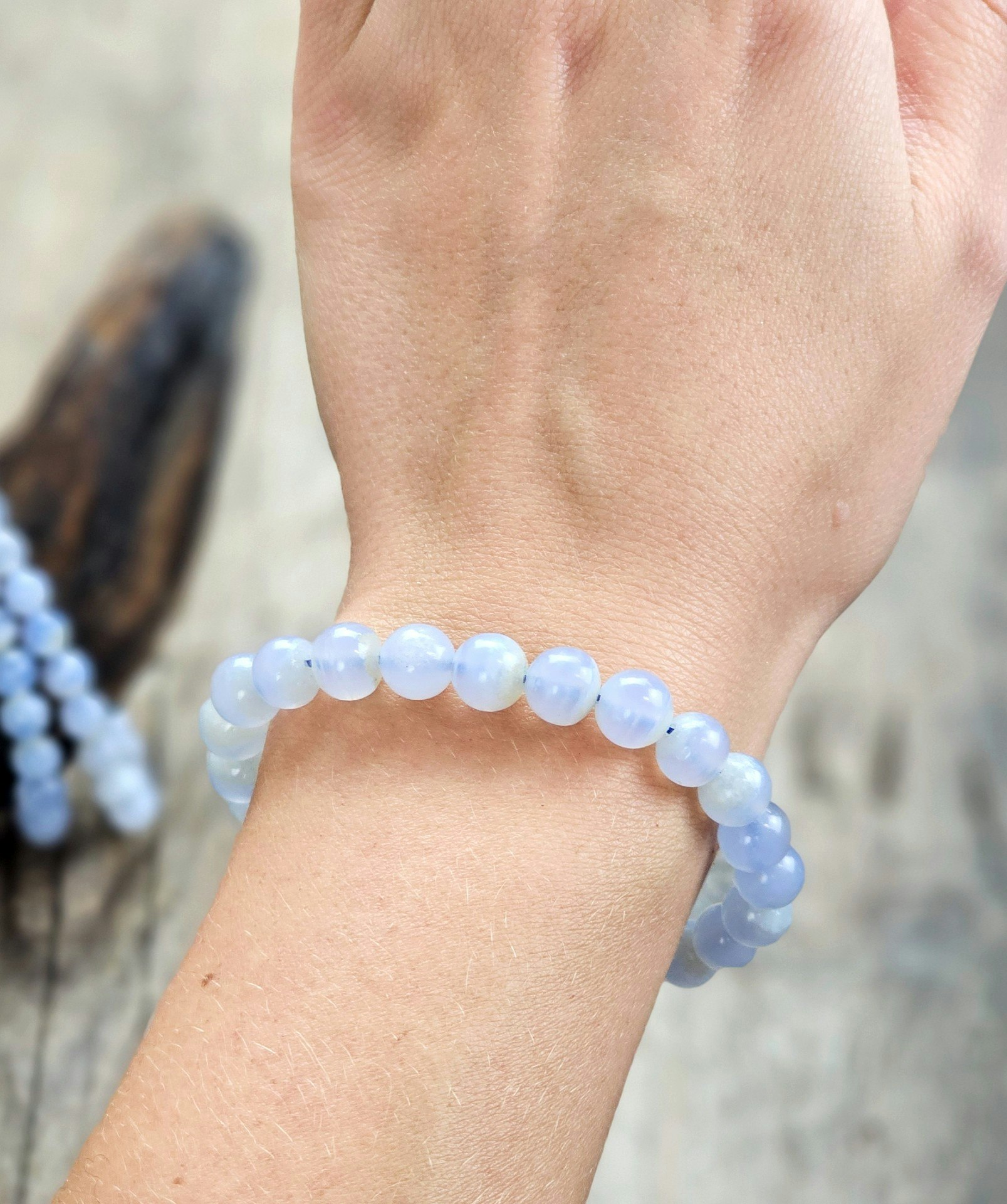 Blå Kalcedon, armband 8mm runda pärlor
