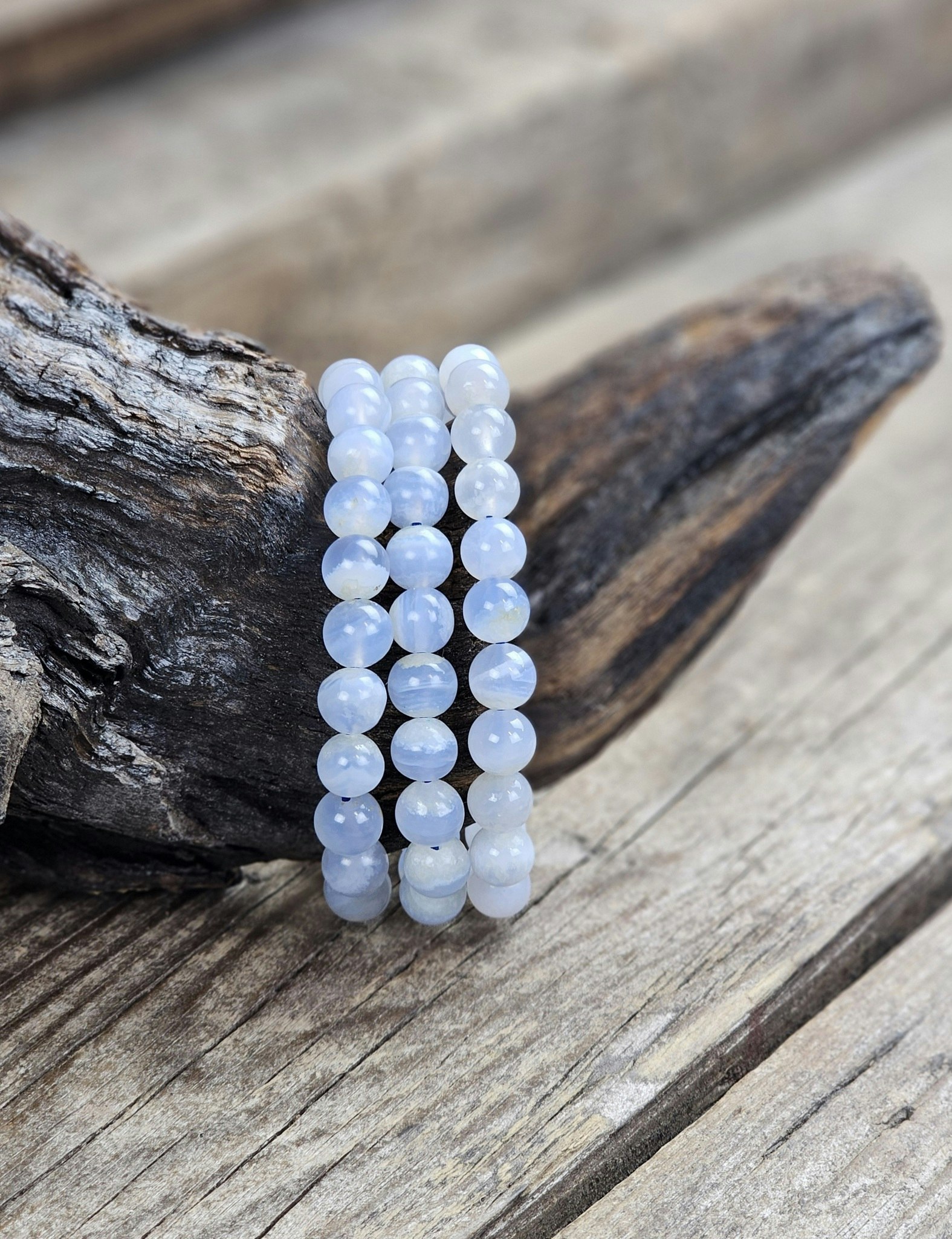Blå Kalcedon, armband 8mm runda pärlor
