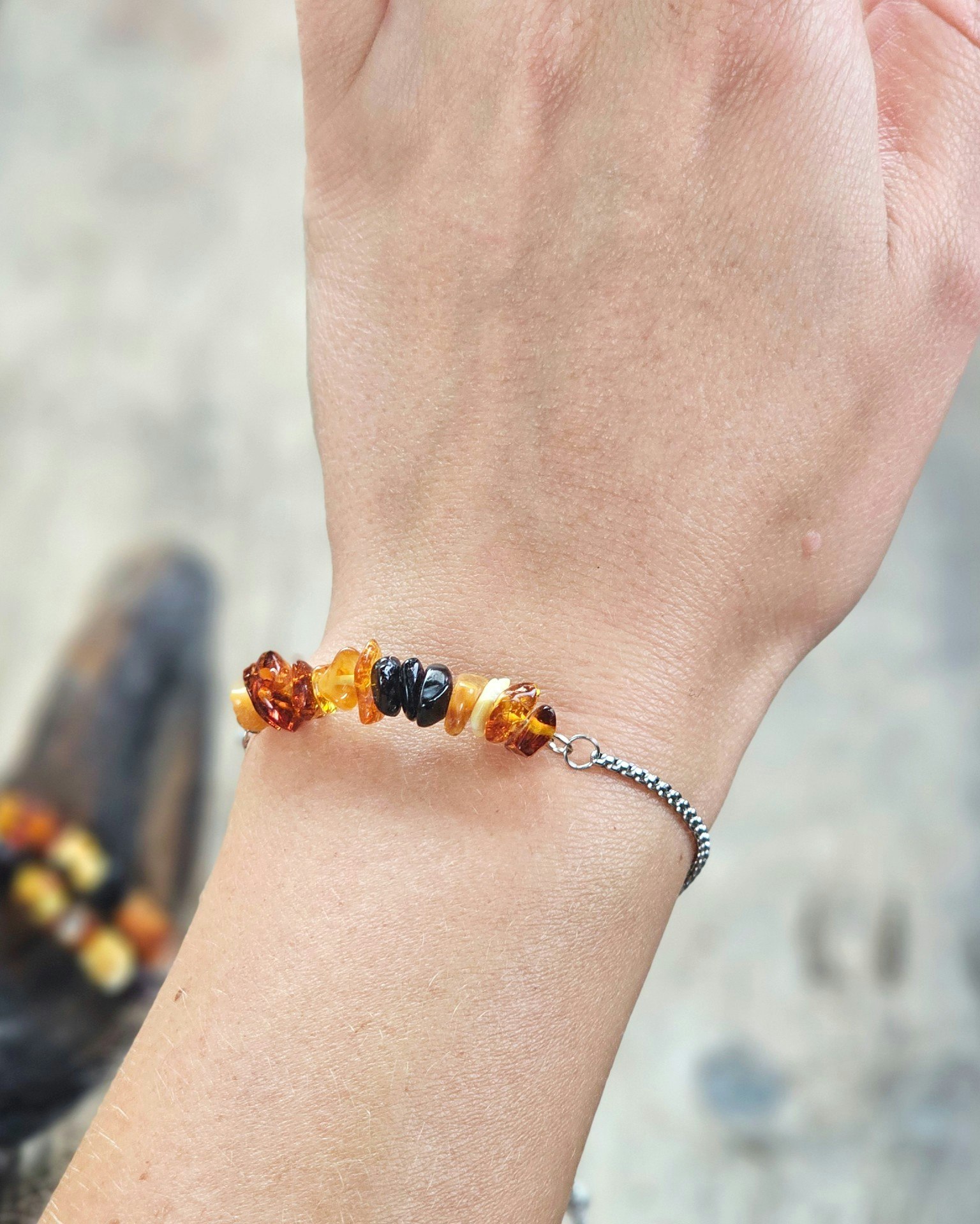 Bärnsten mix, justerbart armband rostfritt stål