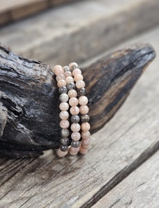 Persikomånsten & Svart Månsten mix, armband 6mm runda pärlor