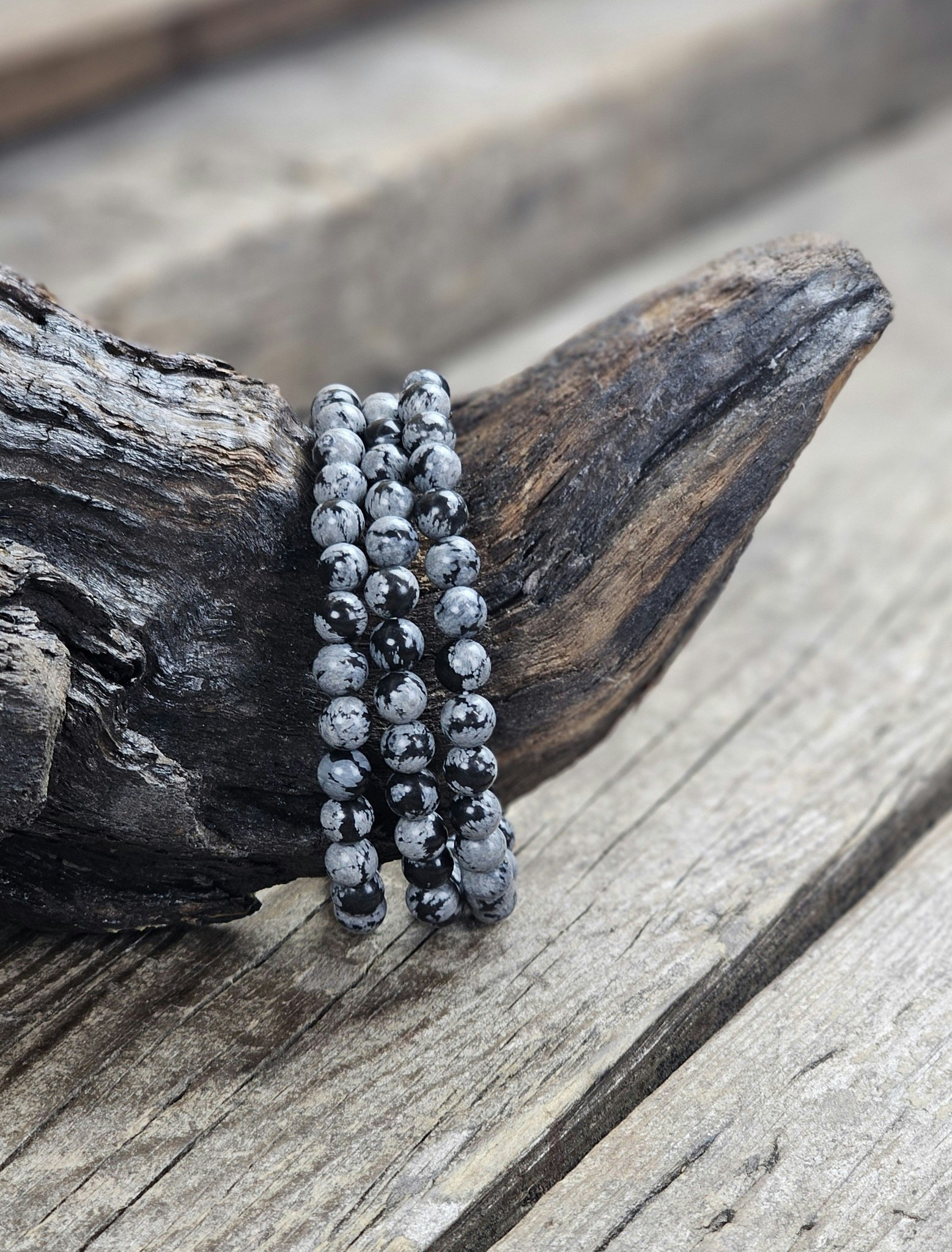 Snöflingeobsidian, armband 6mm runda pärlor