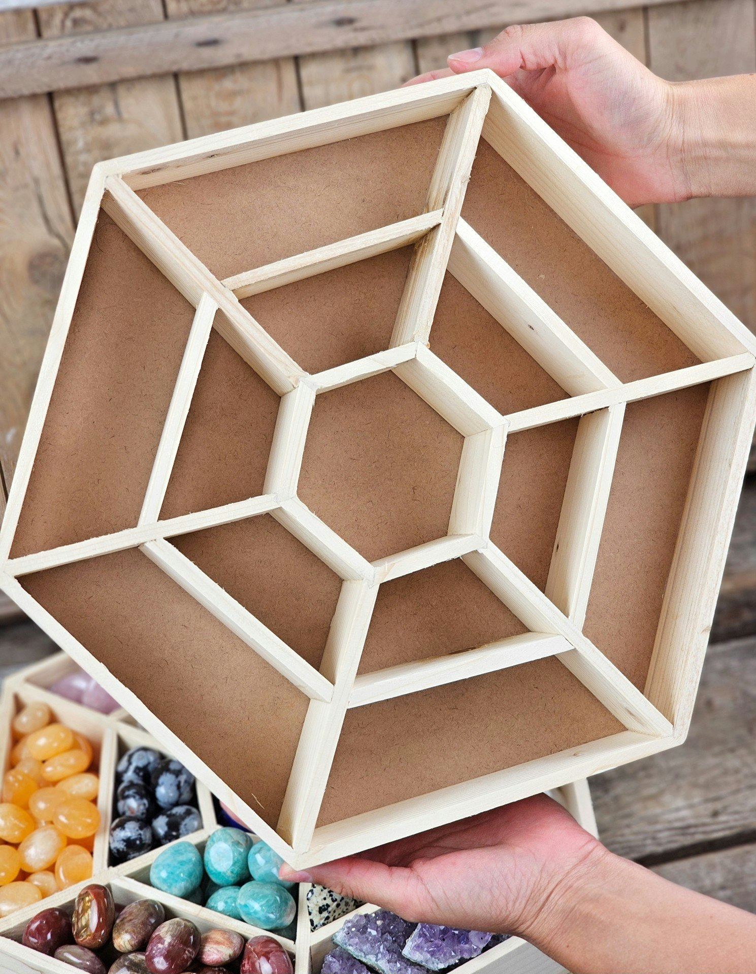 Mandala i trä, stor förvaring till kristaller display