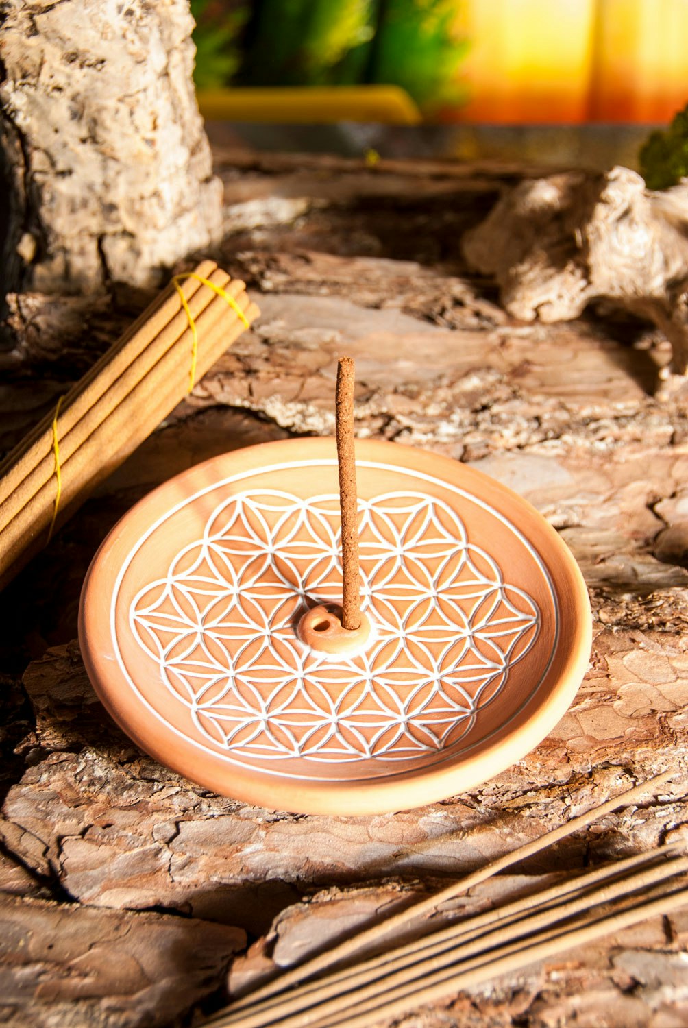 Rökelsehållare i keramik, Flower Of Life rund terrakotta
